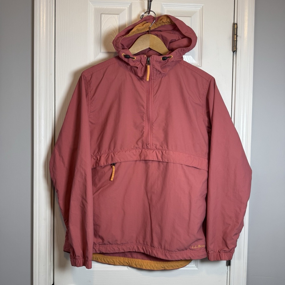 LL Bean Anorak Pullover‎ Hooded Windbreak Rain Jacket Orange Sz M G300